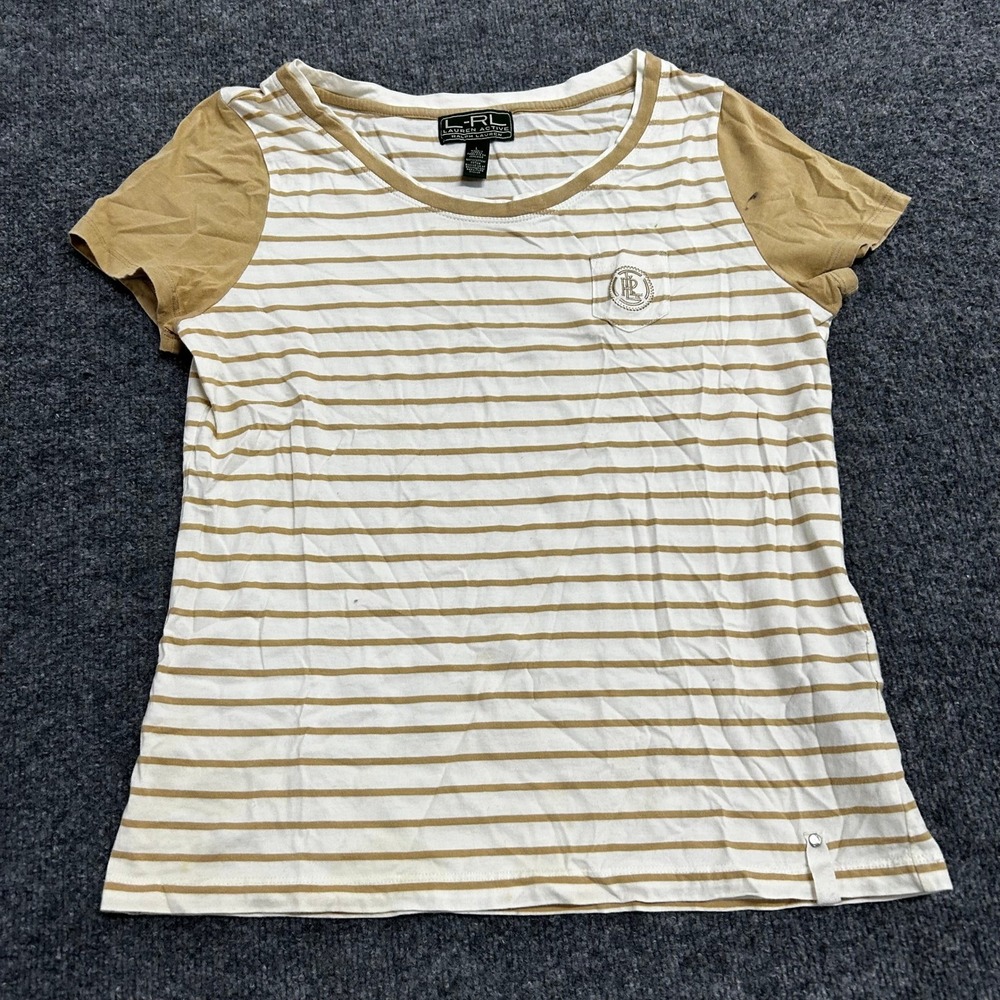 Lauren Ralph Lauren T-Shirt Womens Size L White Tan Striped Cotton Active Pocket